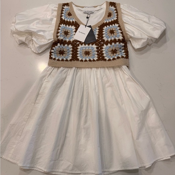 NWT - En Saison Evie Crochet Overlay Puff Sleeve A-Line Mini Dress - Medium - Picture 4 of 10